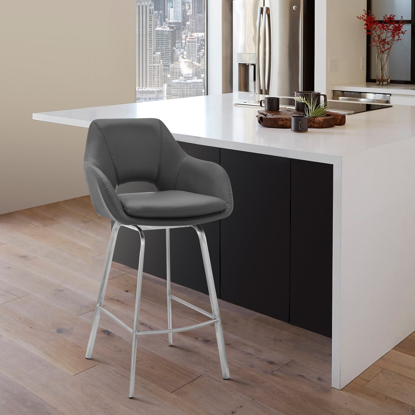 30" Gray And Silver Iron Swivel Low Back Bar Height Bar Chair - Loft&Timber