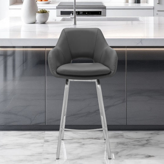 30" Gray And Silver Iron Swivel Low Back Bar Height Bar Chair - Loft&Timber