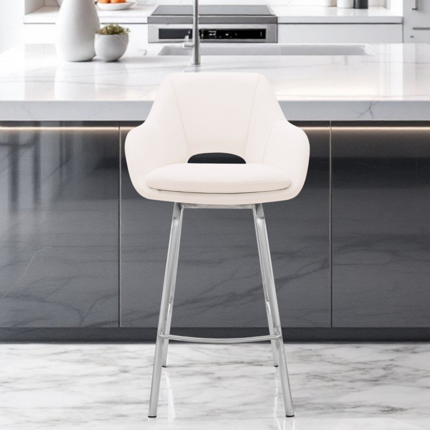 30" White And Silver Iron Swivel Low Back Bar Height Bar Chair - Loft&Timber