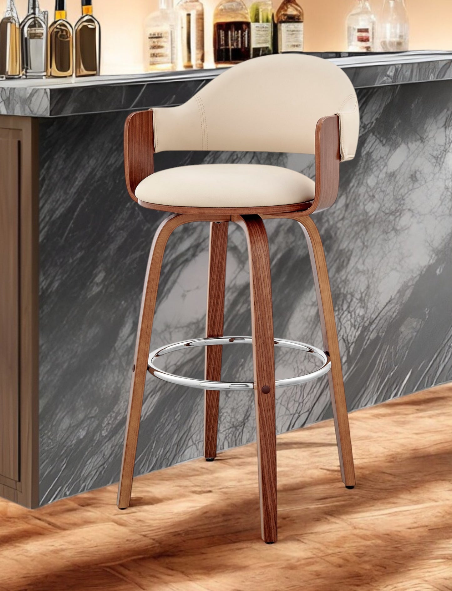 30" Cream and Brown Fabric Low Back Bar Height Swivel Bar Chair - Loft&Timber