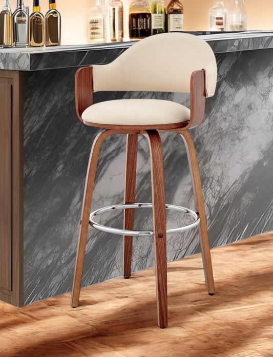 30" Cream and Brown Fabric Low Back Bar Height Swivel Bar Chair - Loft&Timber