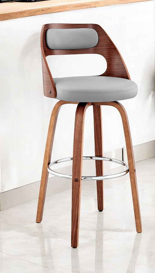 30" Gray And Brown Faux Leather Swivel Bar Height Bar Chair - Loft&Timber