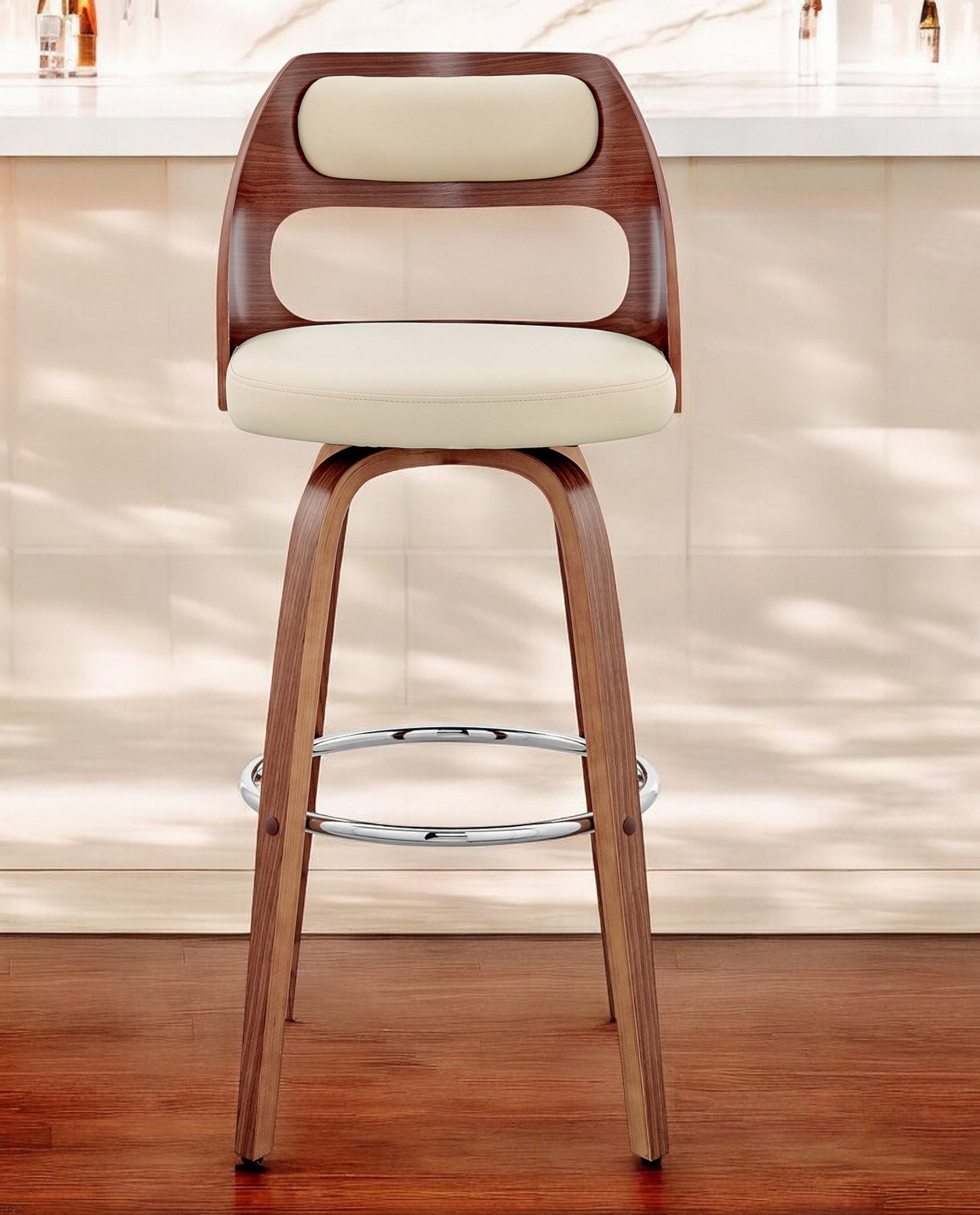 30" Cream and Brown Faux Leather Swivel Bar Chair - Loft&Timber