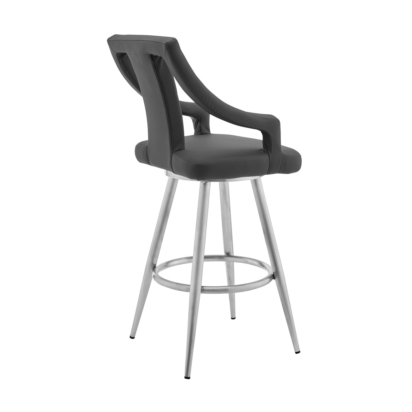 29" Gray And Silver Faux Leather And Iron Swivel Bar Height Bar Chair - Loft&Timber