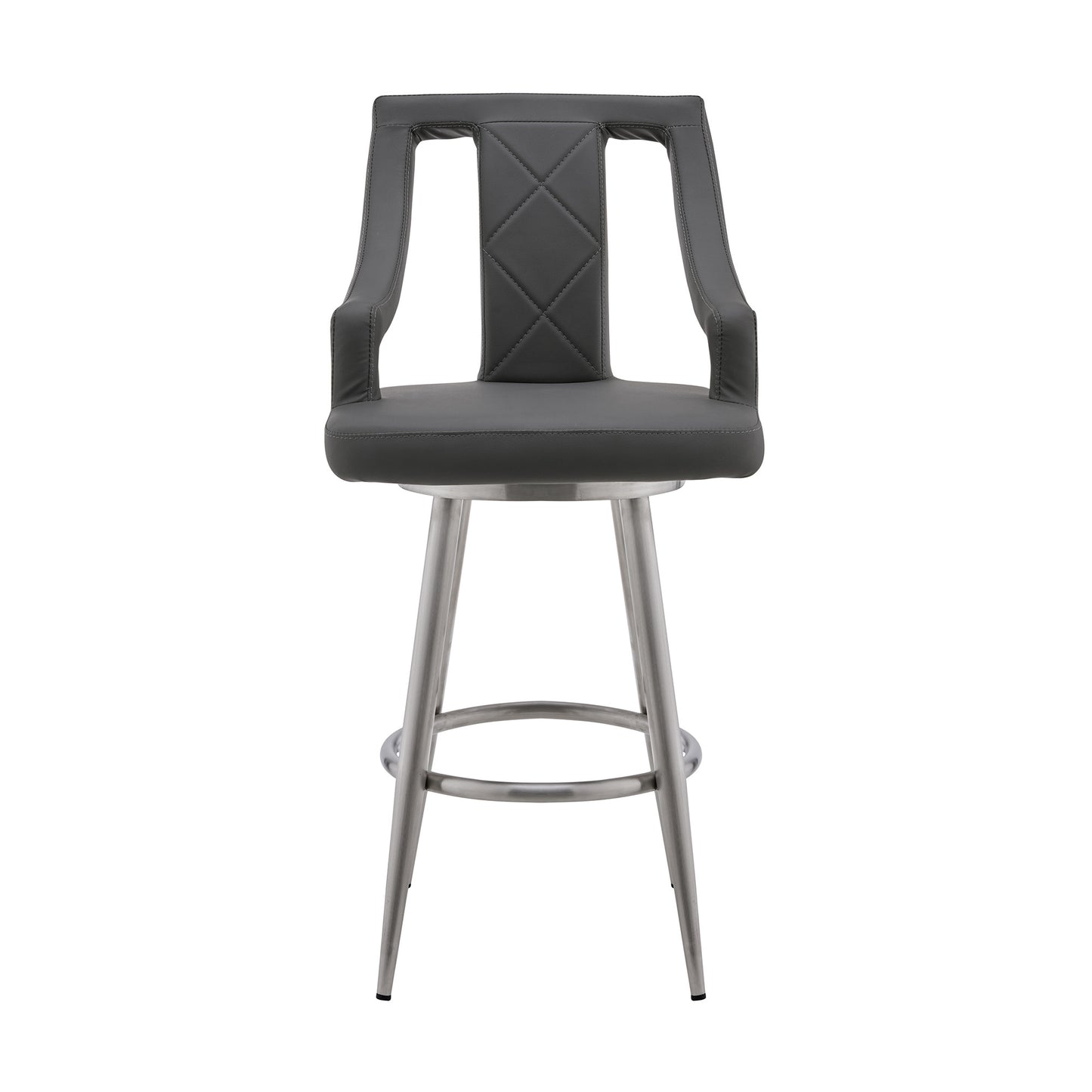 29" Gray And Silver Faux Leather And Iron Swivel Bar Height Bar Chair - Loft&Timber