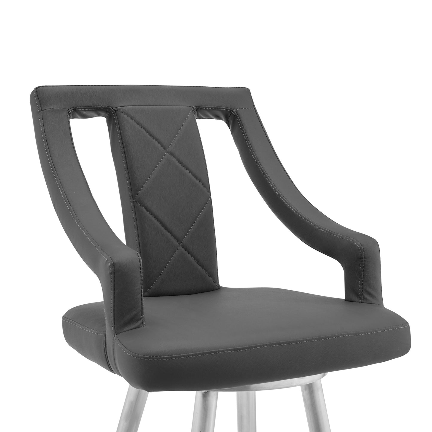29" Gray And Silver Faux Leather And Iron Swivel Bar Height Bar Chair - Loft&Timber