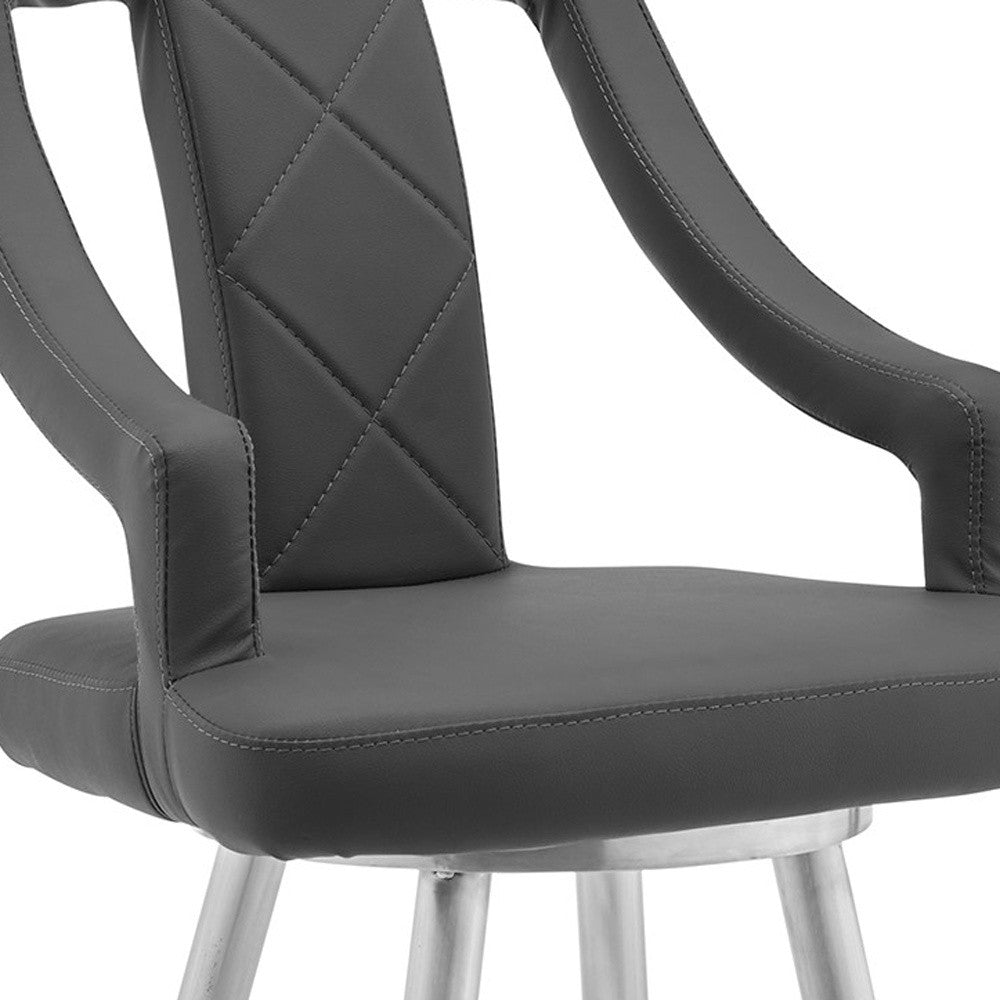 29" Gray And Silver Faux Leather And Iron Swivel Bar Height Bar Chair - Loft&Timber