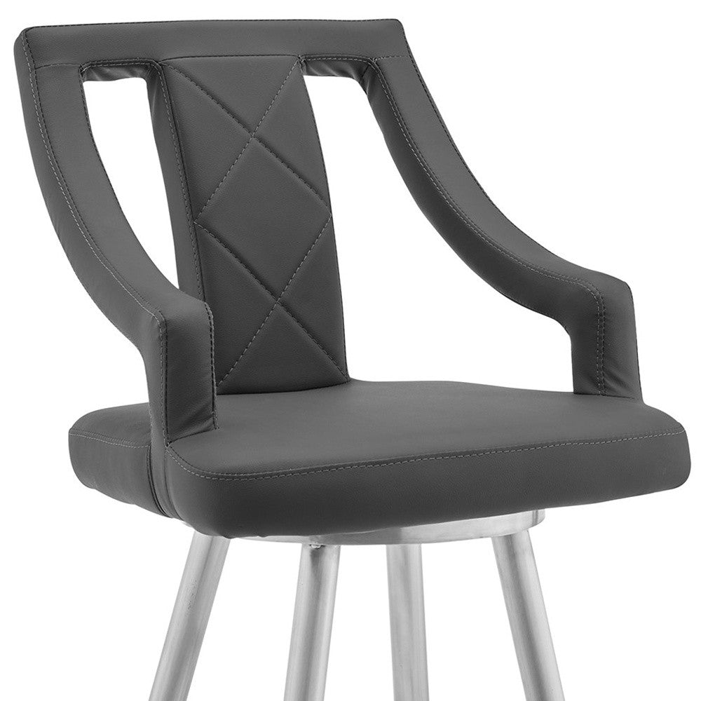 29" Gray And Silver Faux Leather And Iron Swivel Bar Height Bar Chair - Loft&Timber