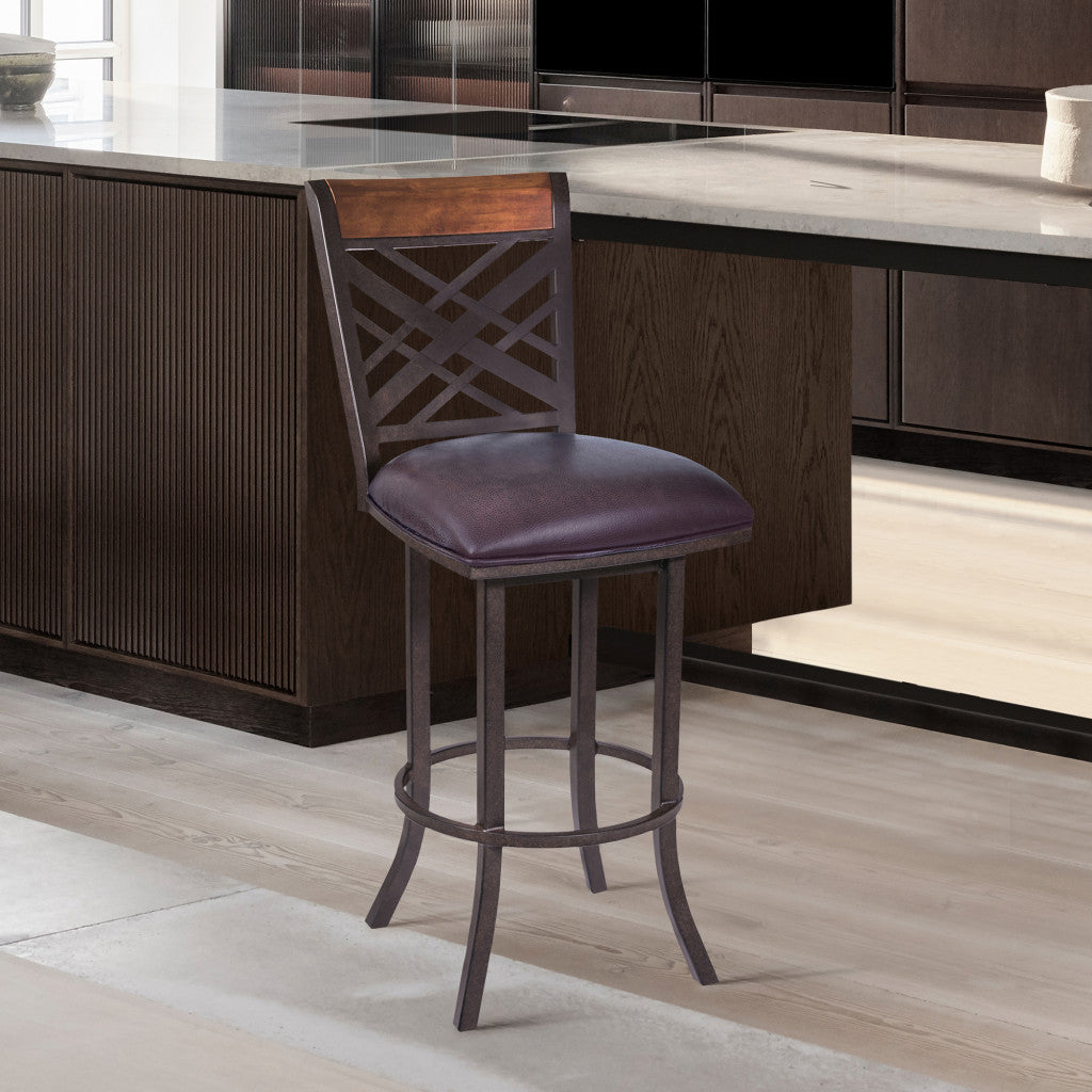 30" Brown Faux Leather And Iron Bar Height Bar Chair - Loft&Timber