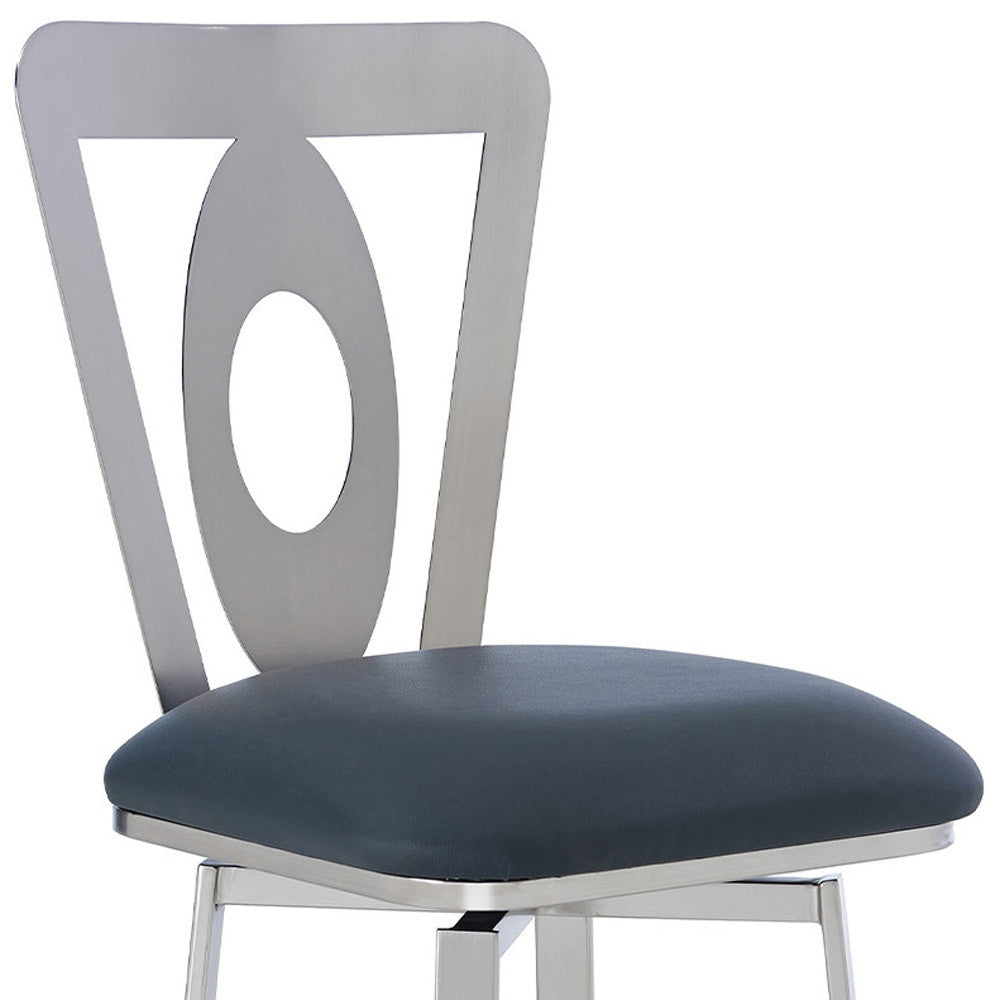 30" Gray And Silver Faux Leather And Iron Swivel Bar Height Bar Chair - Loft&Timber