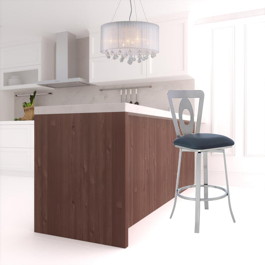 30" Gray And Silver Faux Leather And Iron Swivel Bar Height Bar Chair - Loft&Timber