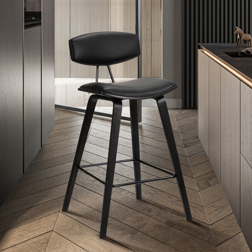 29" Black Faux Leather and Iron Low Back Bar Height Bar Chair - Loft&Timber