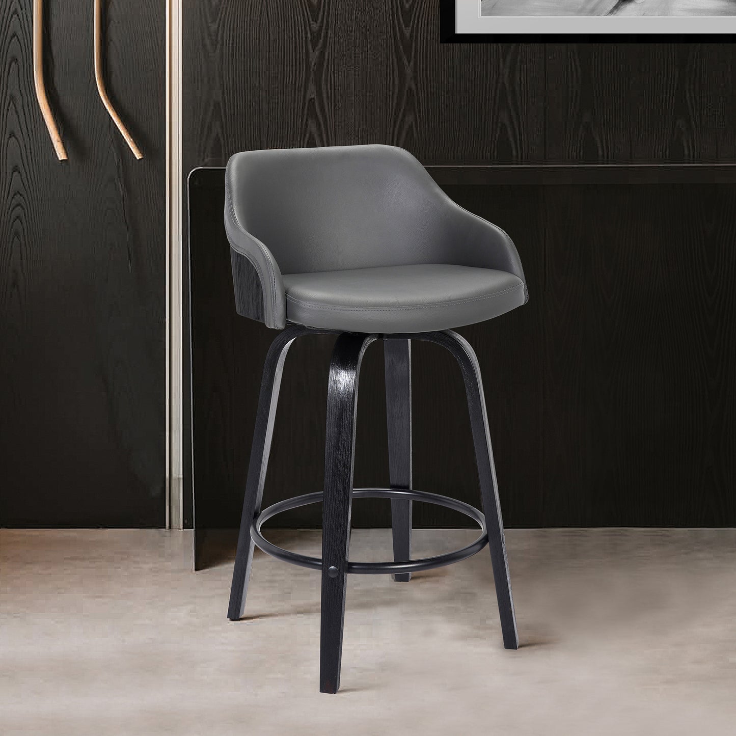 30" Gray And Black Iron Swivel Low Back Bar Height Bar Chair - Loft&Timber