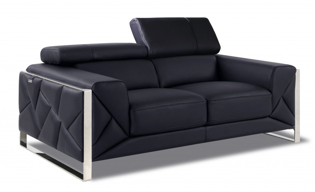 75" Black And Silver Italian Leather Loveseat - Loft&Timber