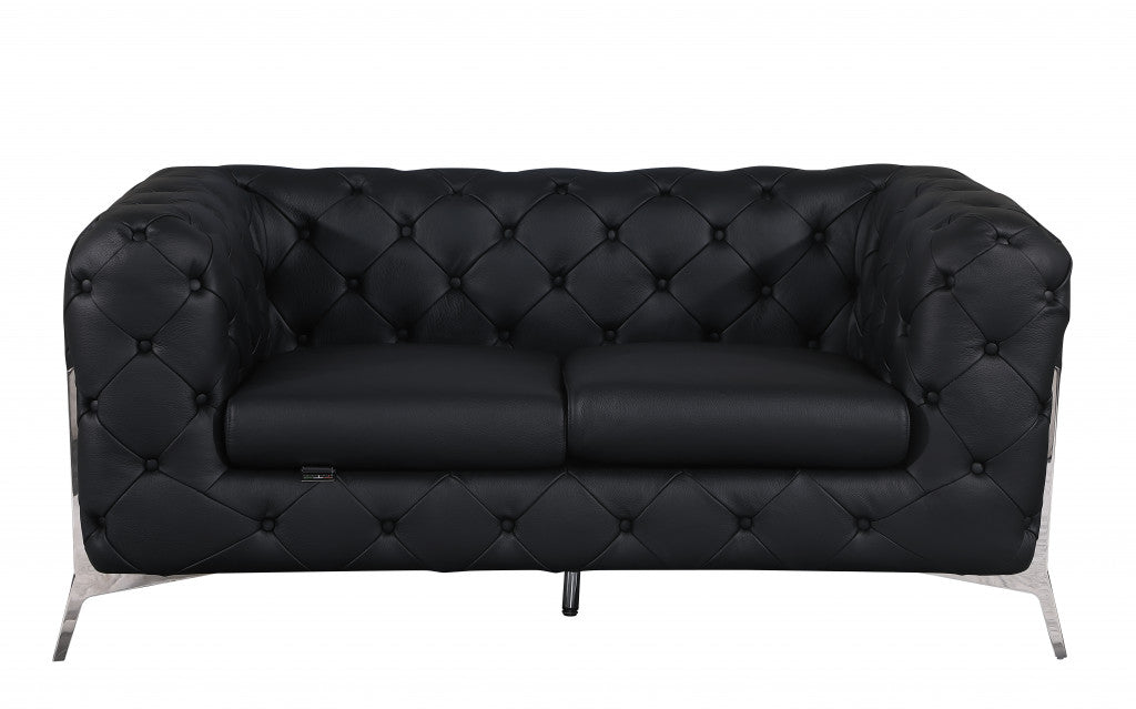 69" Black And Silver Italian Leather Loveseat - Loft&Timber