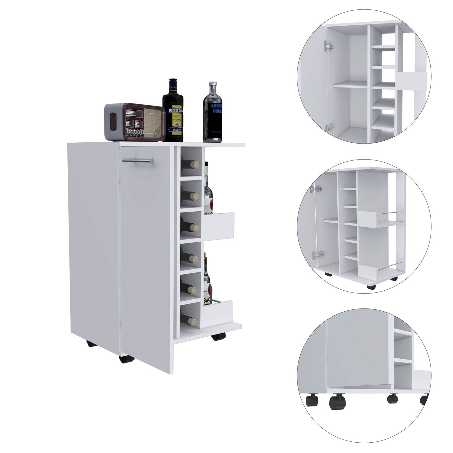 White Rolling Bar Cart With Wine Storage - Loft&Timber