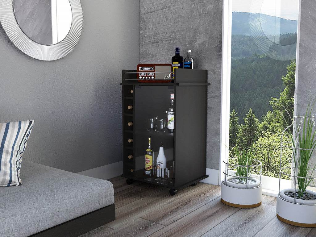 Black Rolling Bar Cart With Wine Storage - Loft&Timber