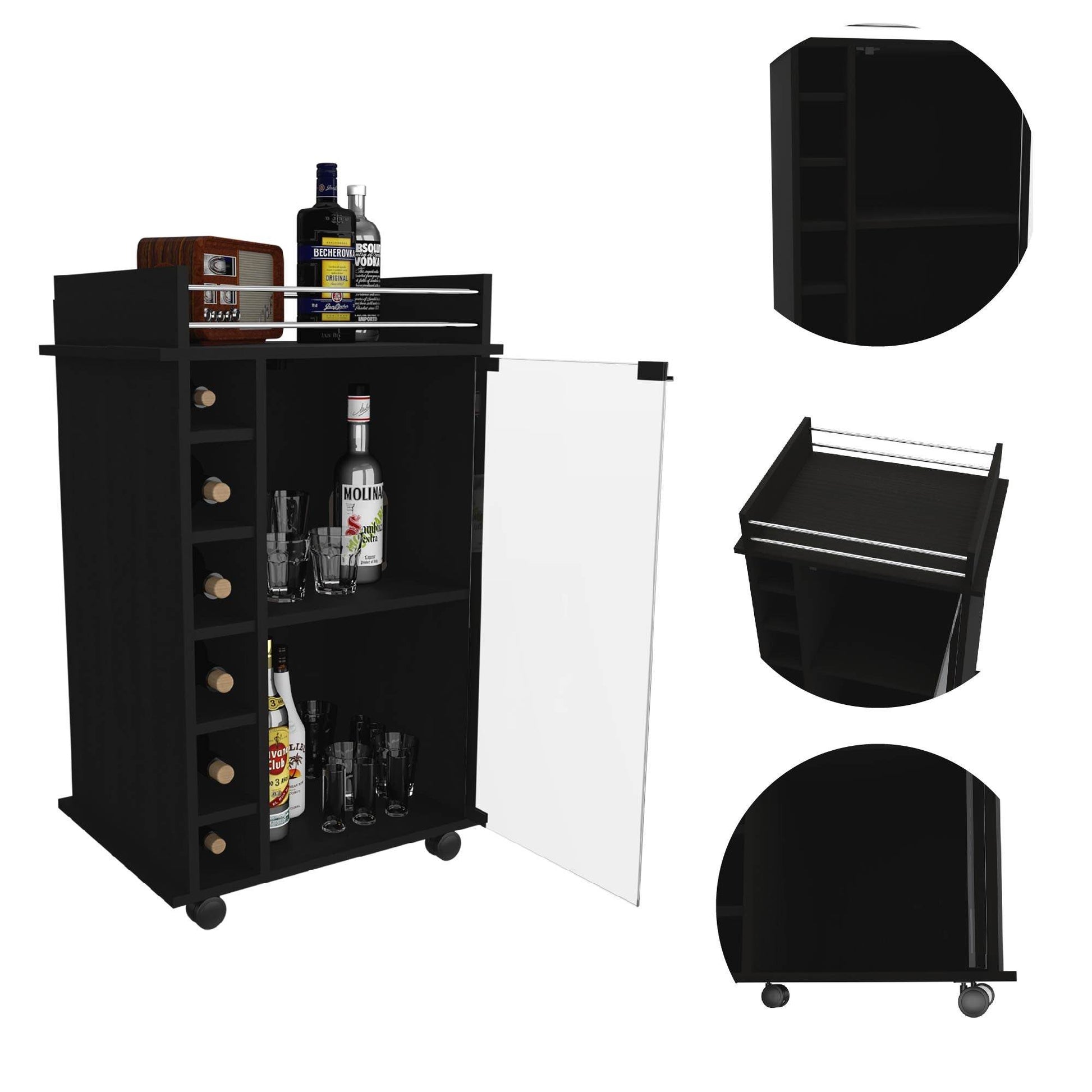 Black Rolling Bar Cart With Wine Storage - Loft&Timber