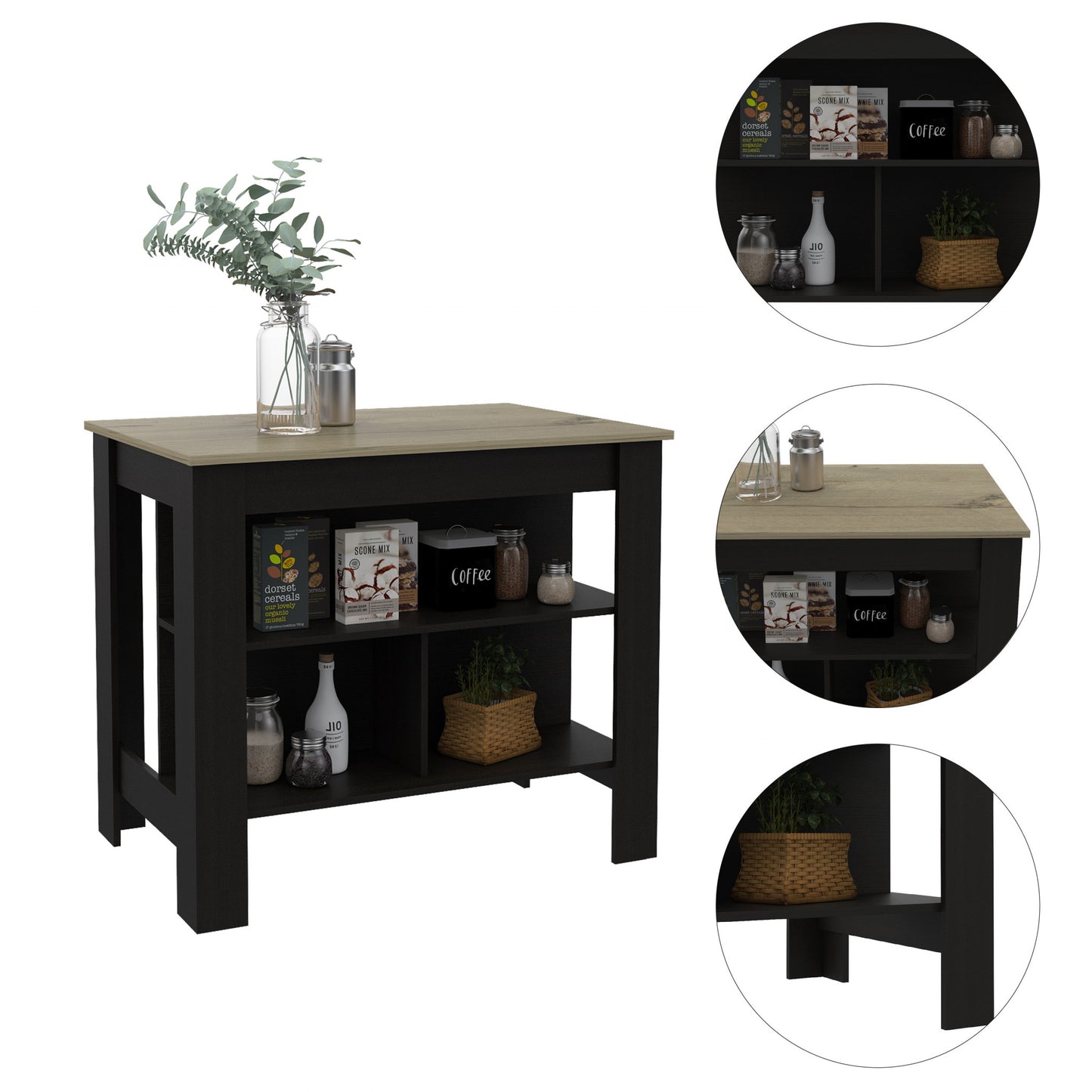 Black and Natural 41" Kitchen Island With Storage - Loft&Timber