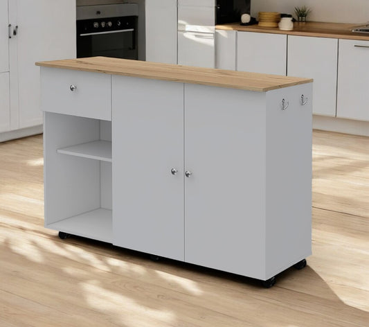 White and Natural 54" Rolling Kitchen Island With Storage - Loft&Timber