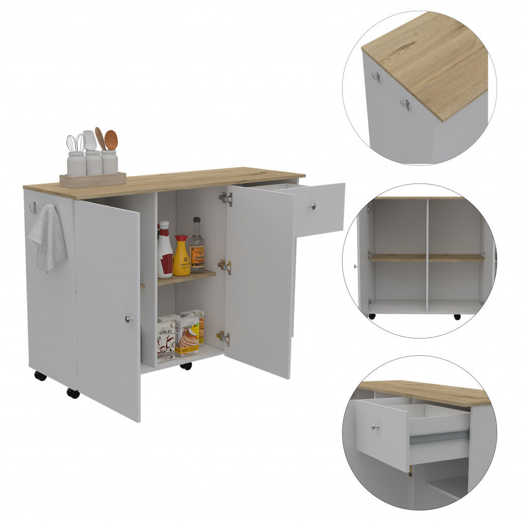 White and Natural 54" Rolling Kitchen Island With Storage - Loft&Timber