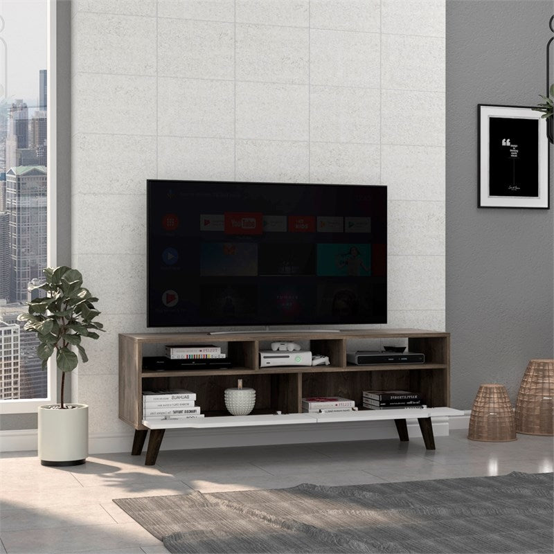 54" Brown And White Particle Board Open Shelving TV Stand-7