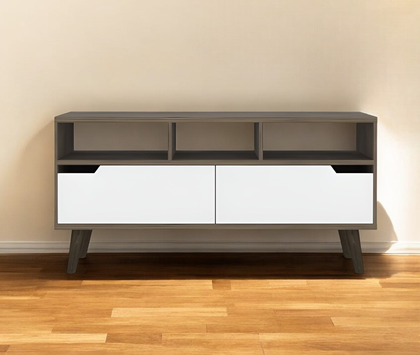 54" Brown And White Particle Board Open Shelving TV Stand-1