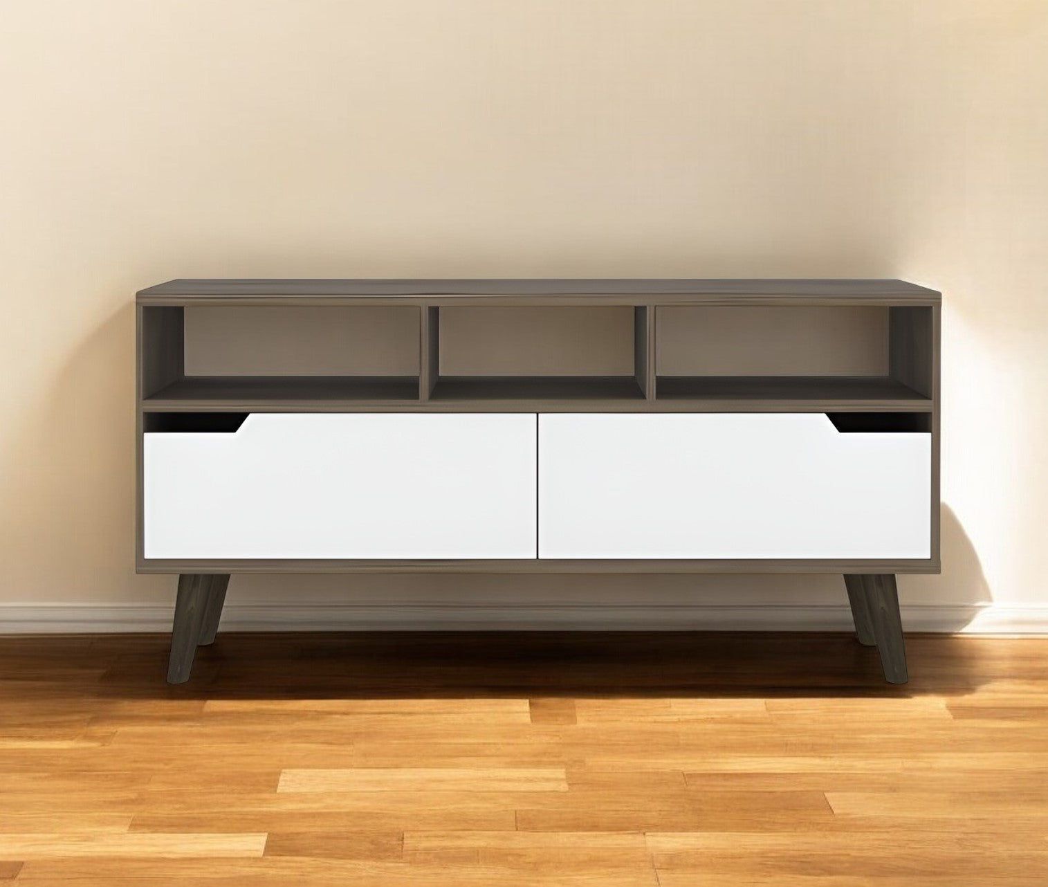 54" Brown And White Particle Board Open Shelving TV Stand-1
