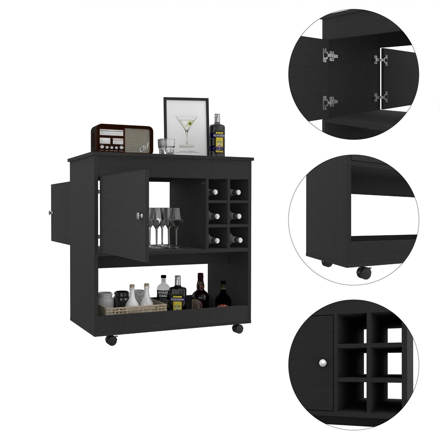 Black Rolling Bar Cart With Wine Storage - Loft&Timber