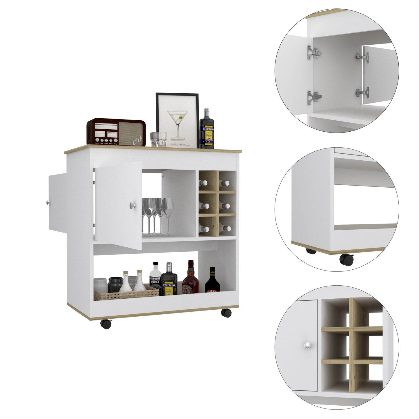 Brown and White Rolling Bar Cart With Wine Storage - Loft&Timber