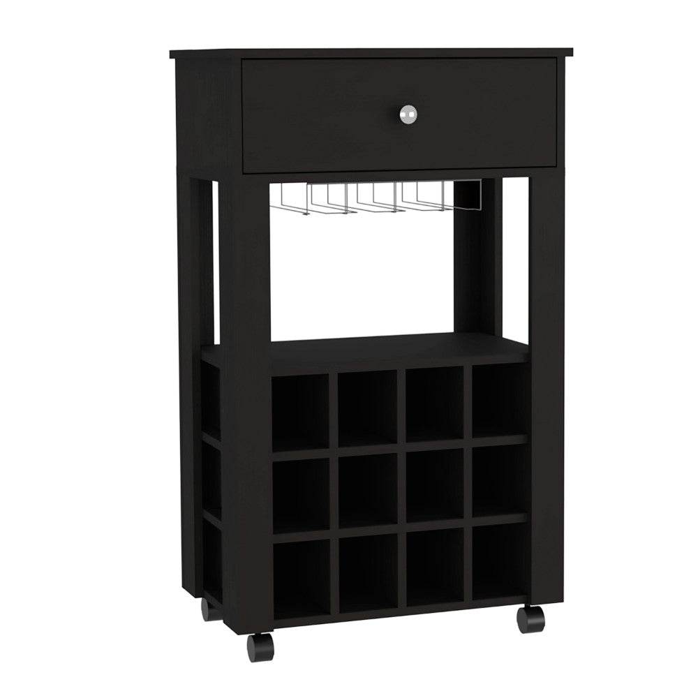 Black Rolling Bar Cart With Wine Storage - Loft&Timber