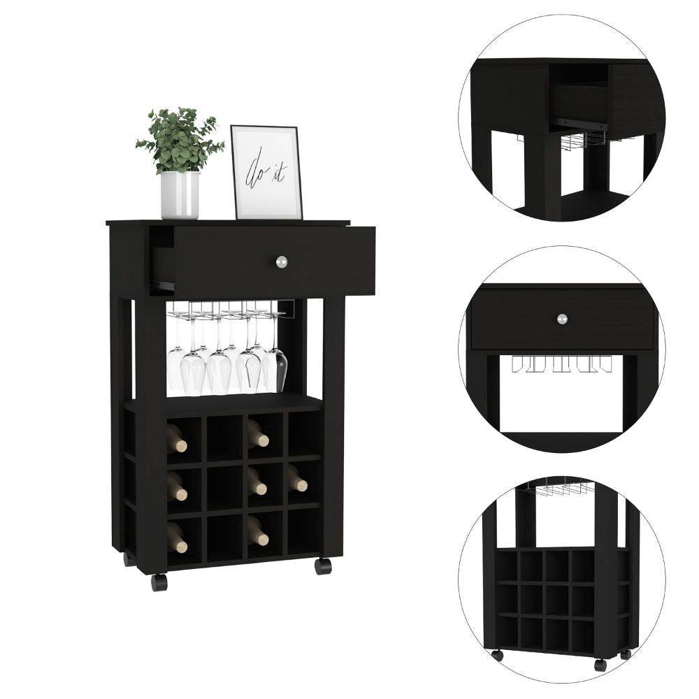 Black Rolling Bar Cart With Wine Storage - Loft&Timber