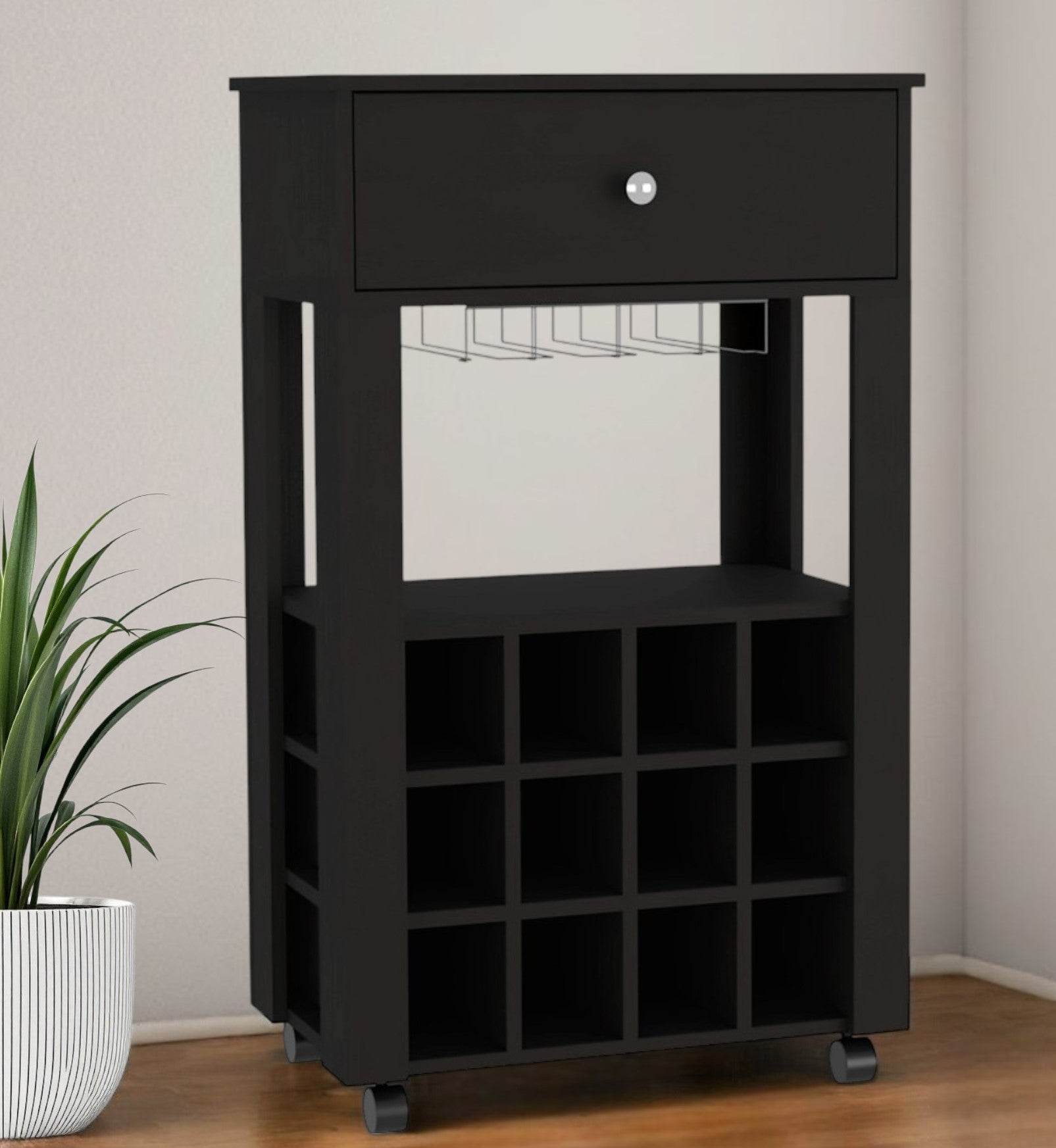 Black Rolling Bar Cart With Wine Storage - Loft&Timber