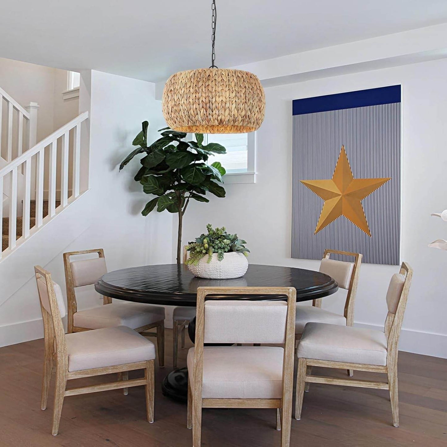 Farmhouse Chandelier for Dining Room,5-Light Boho Chandelier Light Fixture with Water Hyacinth Lampshade,Rattan Dining Room Chandelier Light Fixtures for Kitchen Island Bedroom Living Room - Loft&Timber