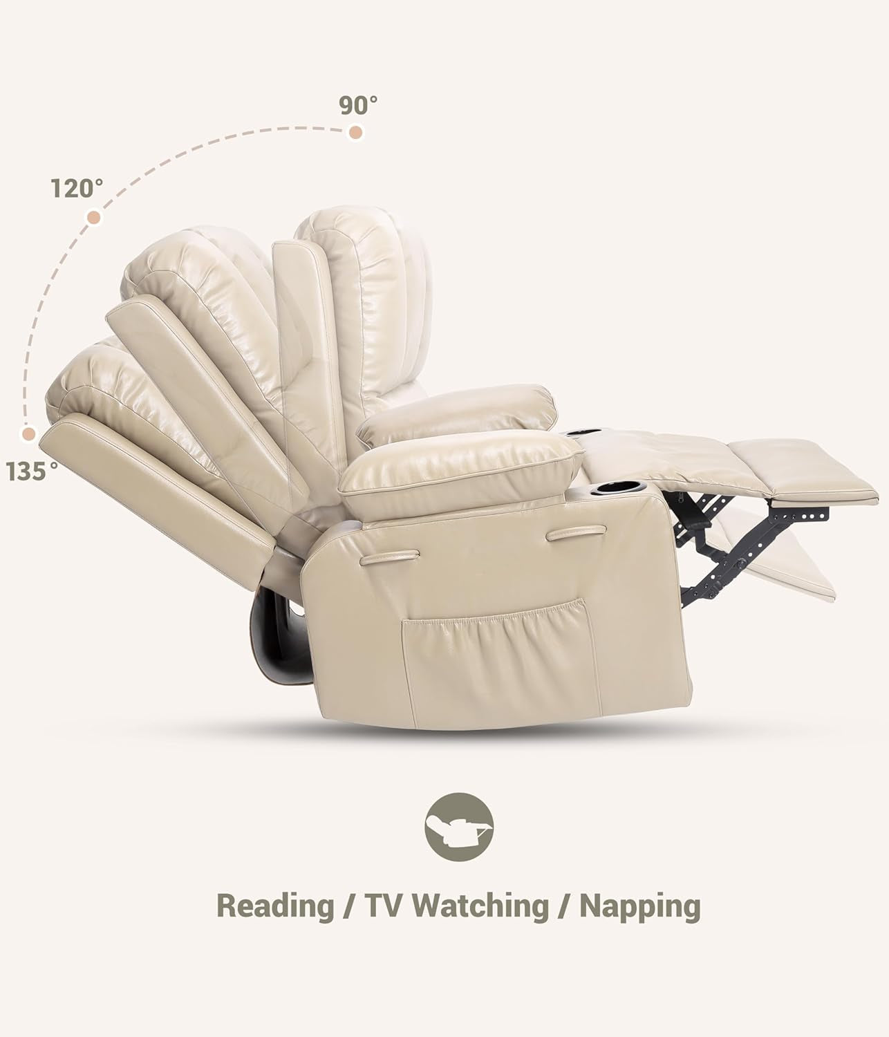 22'' Rocker Swivel Recliner Chair, Lazy Recliner for Adults, with 1.5X Sponge Filling, Side Pocket, and Cup Holder, for Living Room, Bedroom, and Nursery, Creamy-4