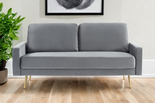 72" Gray Velvet Sofa With Brass Legs-0