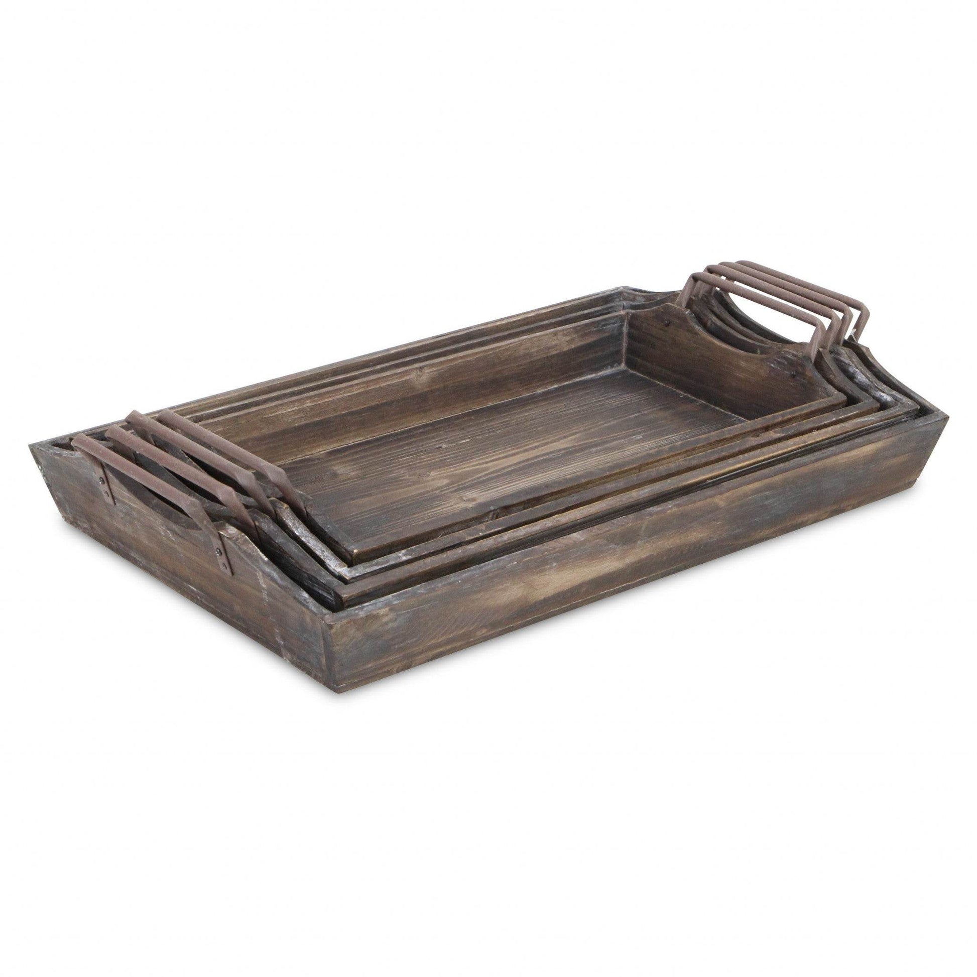 Set of Four Brown Wood Handmade Serving Tray With Handles - Loft&Timber
