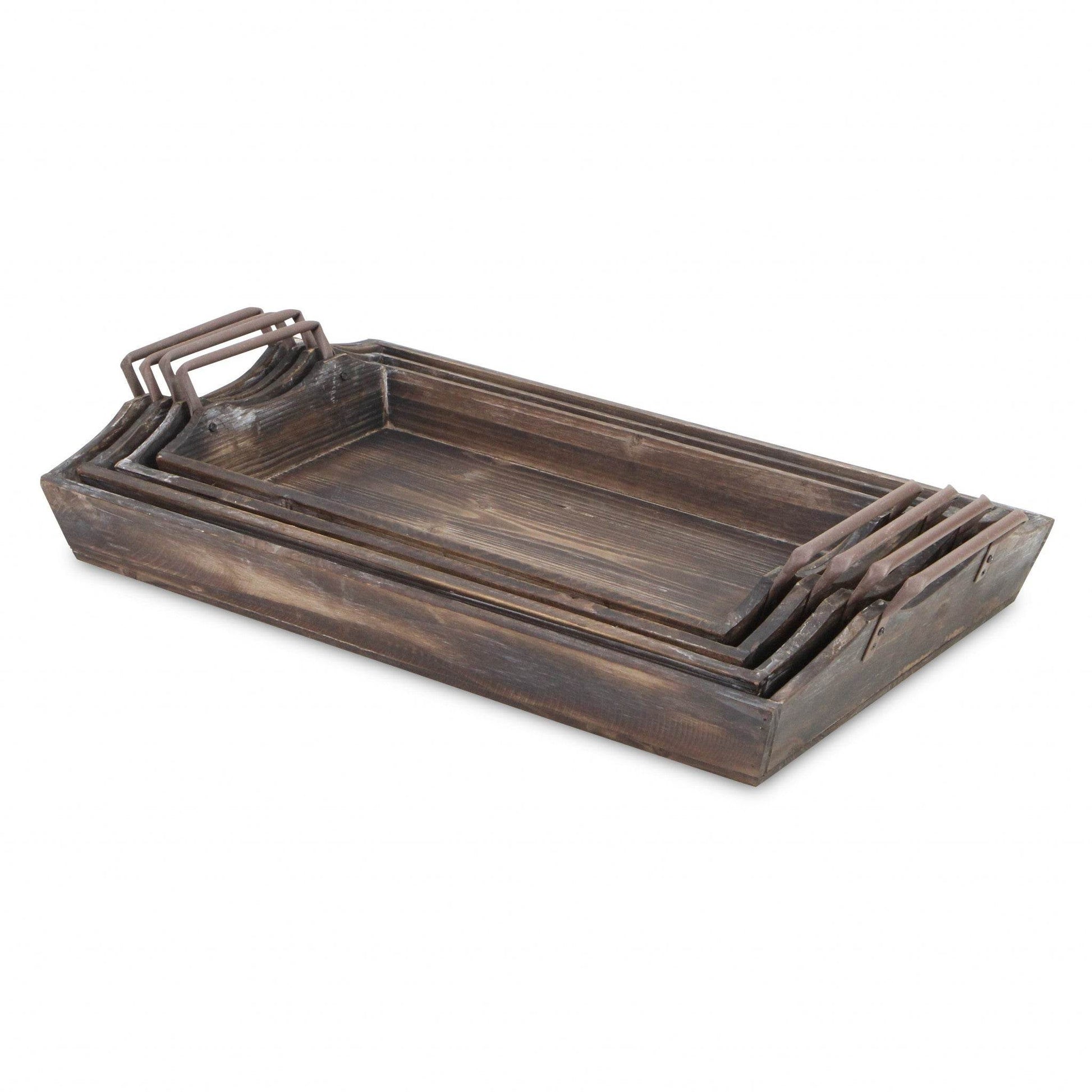 Set of Four Brown Wood Handmade Serving Tray With Handles - Loft&Timber