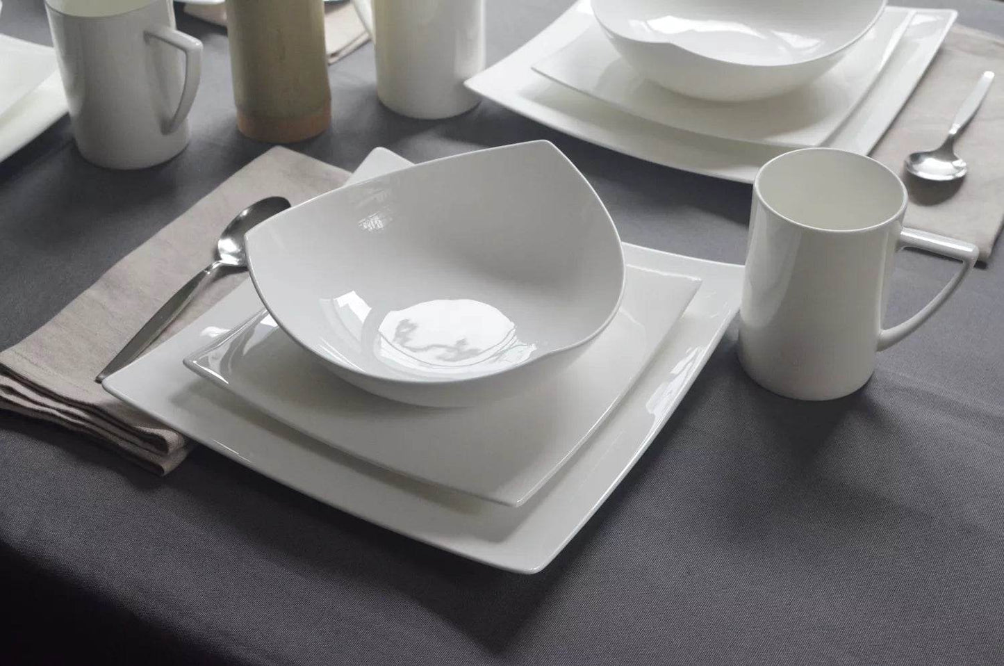 White Six Piece Square Bone China Service For Six Dinner Plate Set - Loft&Timber