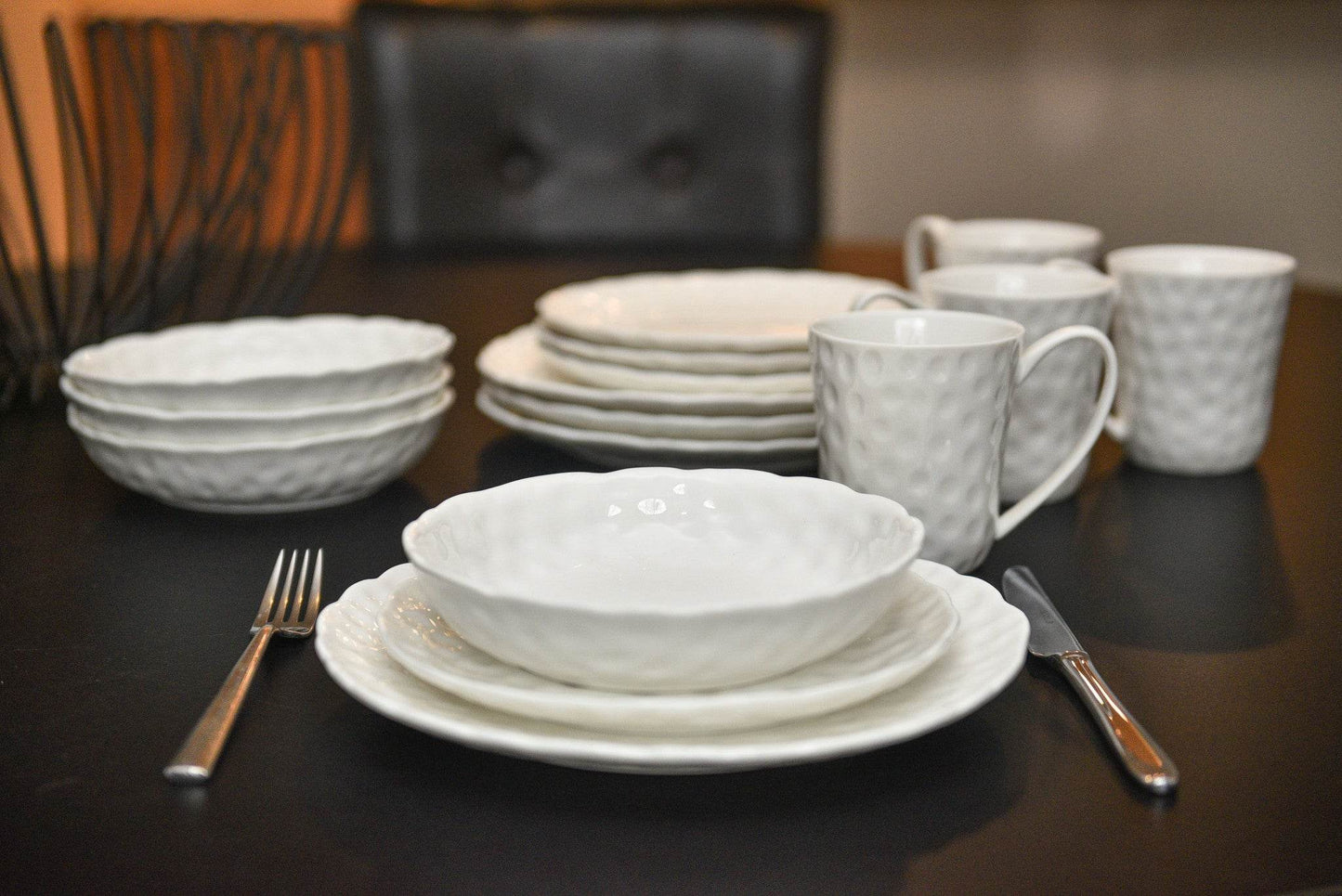 White Six Piece Round Pebbled Porcelain Service For Six Salad Plate Set - Loft&Timber
