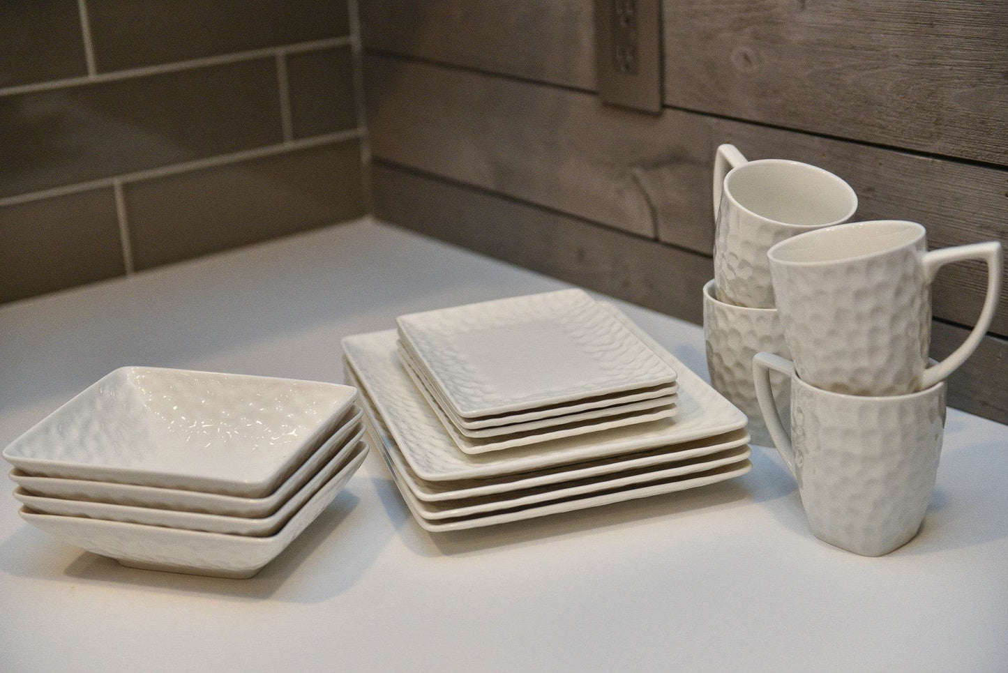 White Six Piece Rectangle Pebbled Porcelain Service For Six Dinner Plate Set - Loft&Timber