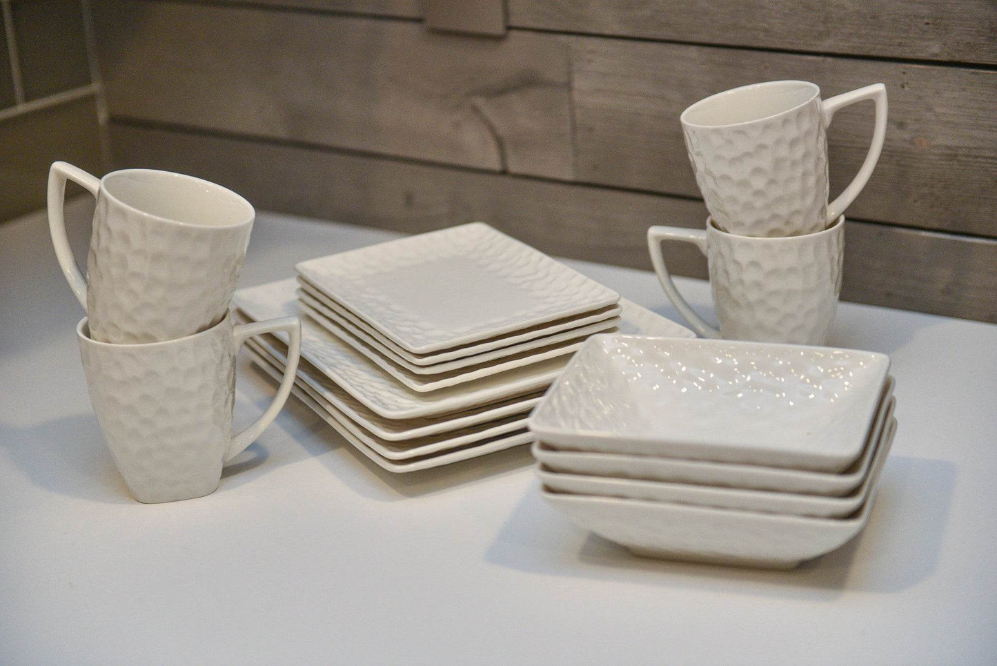 White Six Piece Rectangle Pebbled Porcelain Service For Six Salad Plate Set - Loft&Timber