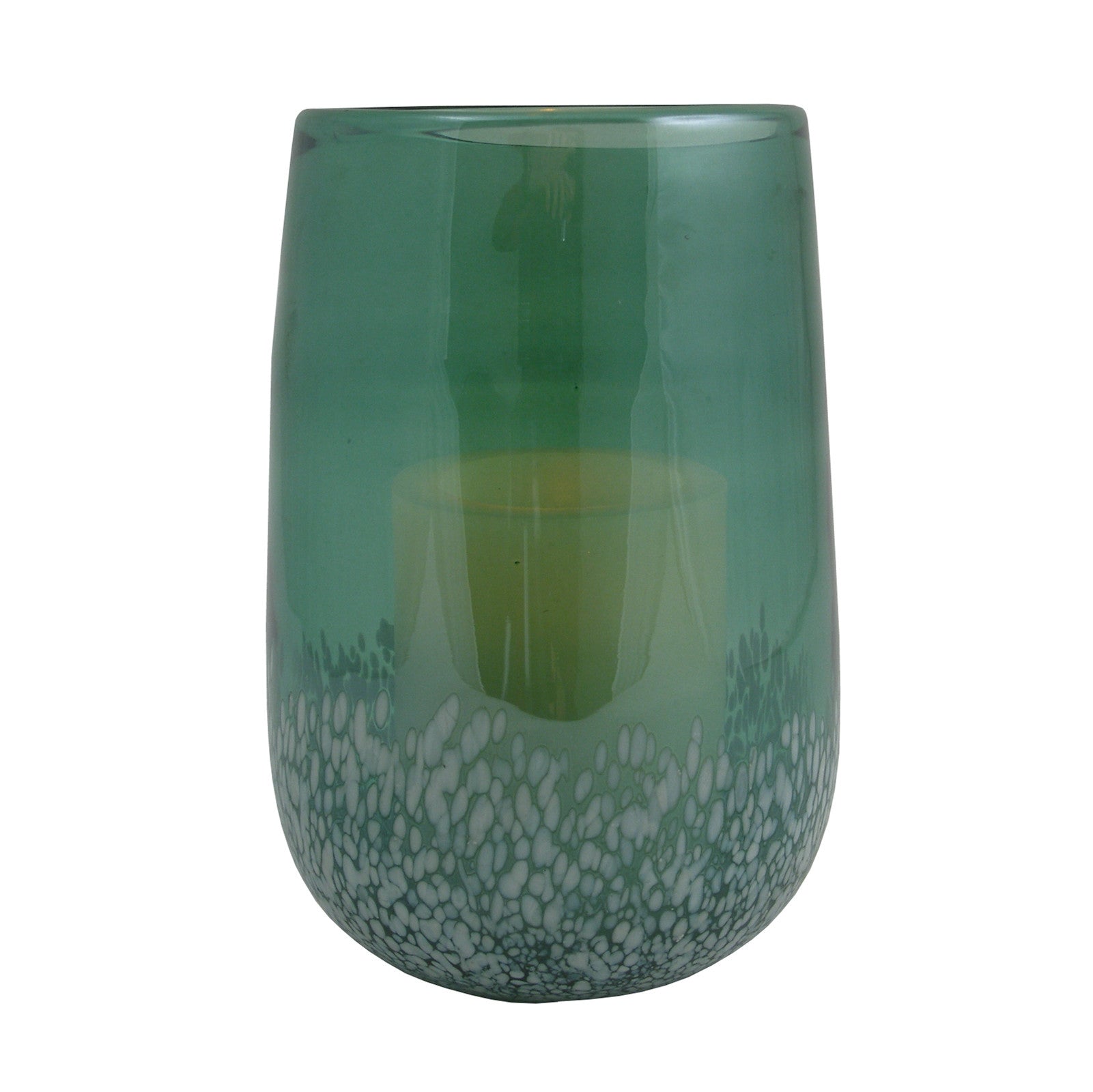 8" Green And White Glass Tabletop Hurricane Candle Holder With Candle - Loft&Timber