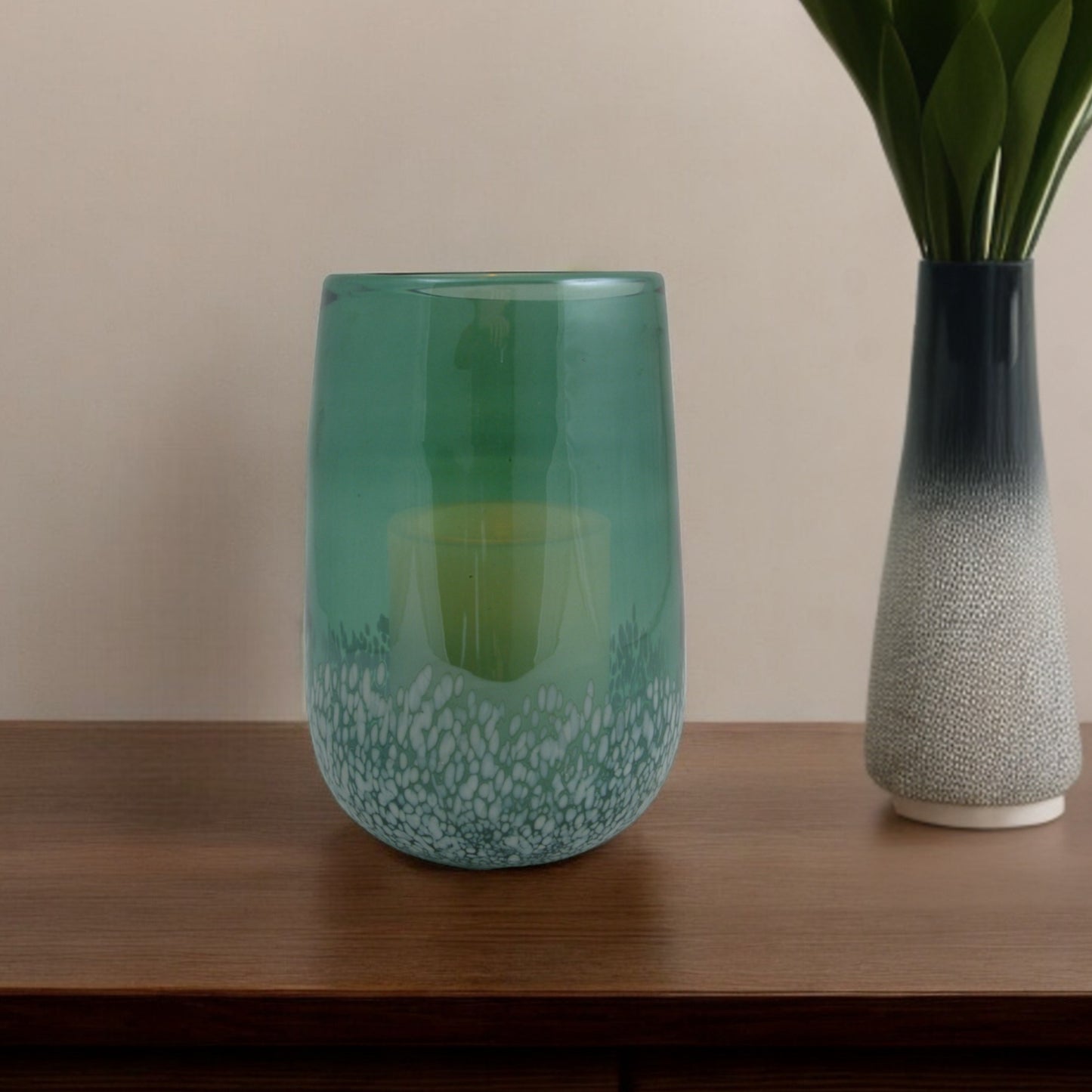 8" Green And White Glass Tabletop Hurricane Candle Holder With Candle - Loft&Timber