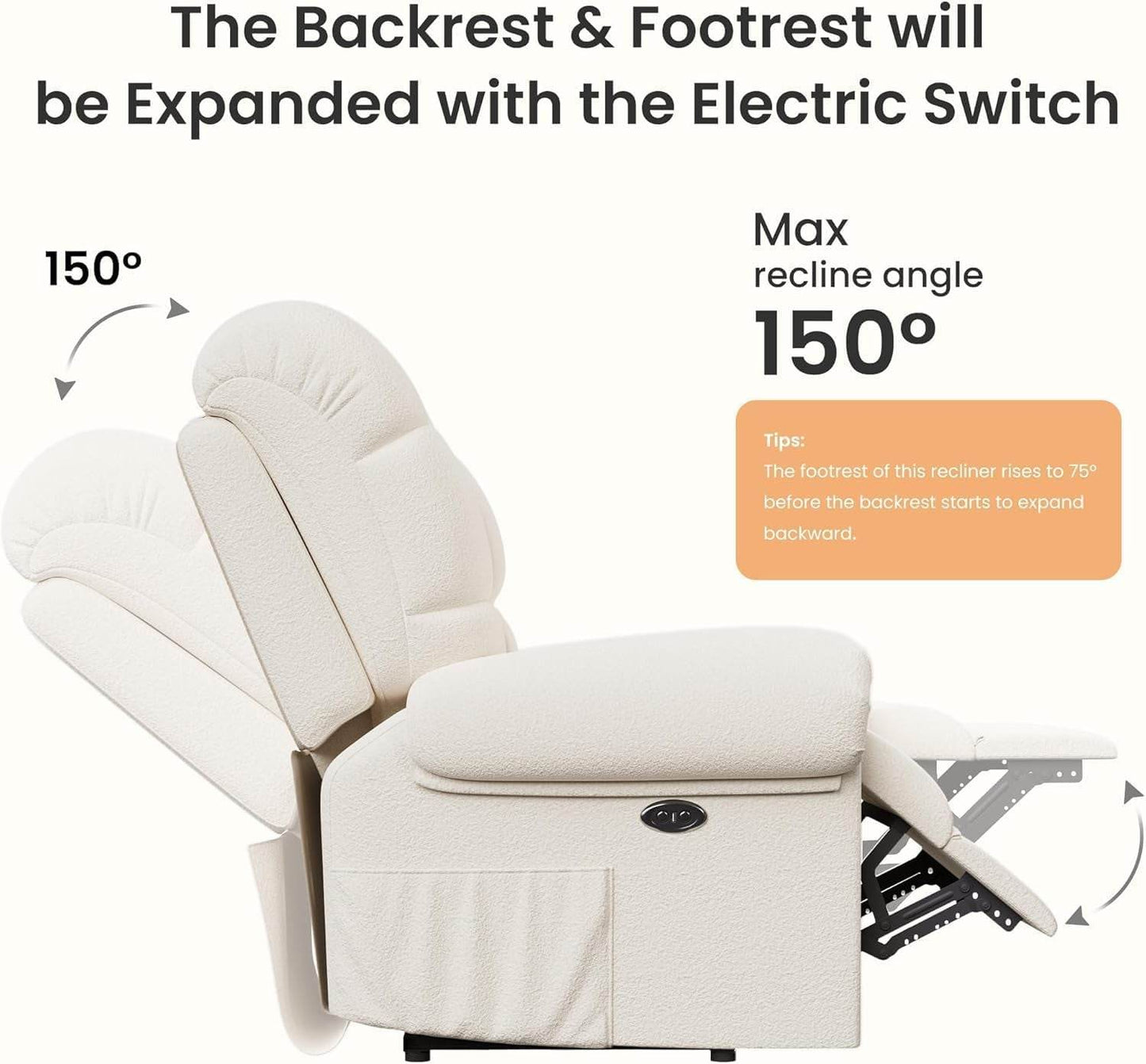 2024 New Power Recliner Chair for Adults, Adjustable Electric Recliner Power Recliner, USB Port, Ultra-Comfy Teddy Fleece Recliner for Living Room, Tool-Less Assembly Single Sofa, Beige White - Loft&Timber
