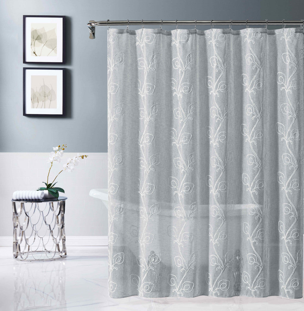 72" Gray Floral Faux Linen Shower Curtain With Embroidery - Loft&Timber