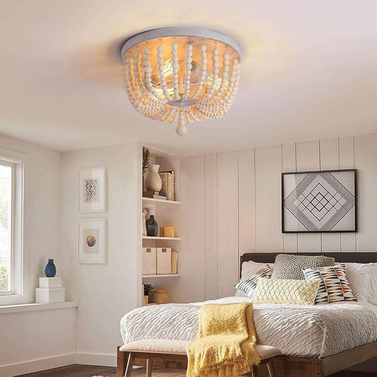 Wood Beaded Chandelier,Boho Farmhouse Light Fixture,Oak White,3 Lights,Semi Flush Mount Ceiling Light Fixtures for Hallway Baby'S Nursery Bedroom Kitchen Living Room - Loft&Timber