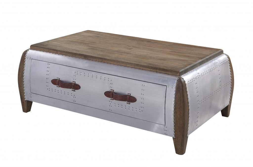 51" Brown and Gray Solid Wood And Aluminum Solid Coffee Table With Drawer-1