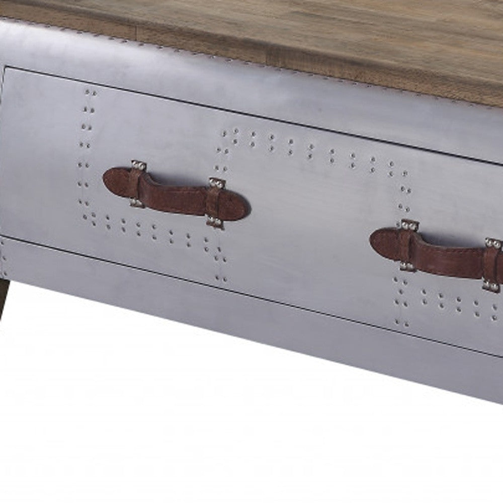 51" Brown and Gray Solid Wood And Aluminum Solid Coffee Table With Drawer-2