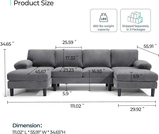 Sectional Couch, 111'' W Corduroy U Shaped Sofa with Sleepable Armrests, 4 Seat Couch with Double Chaises, Deep Sofa for Living Room, Grey-1